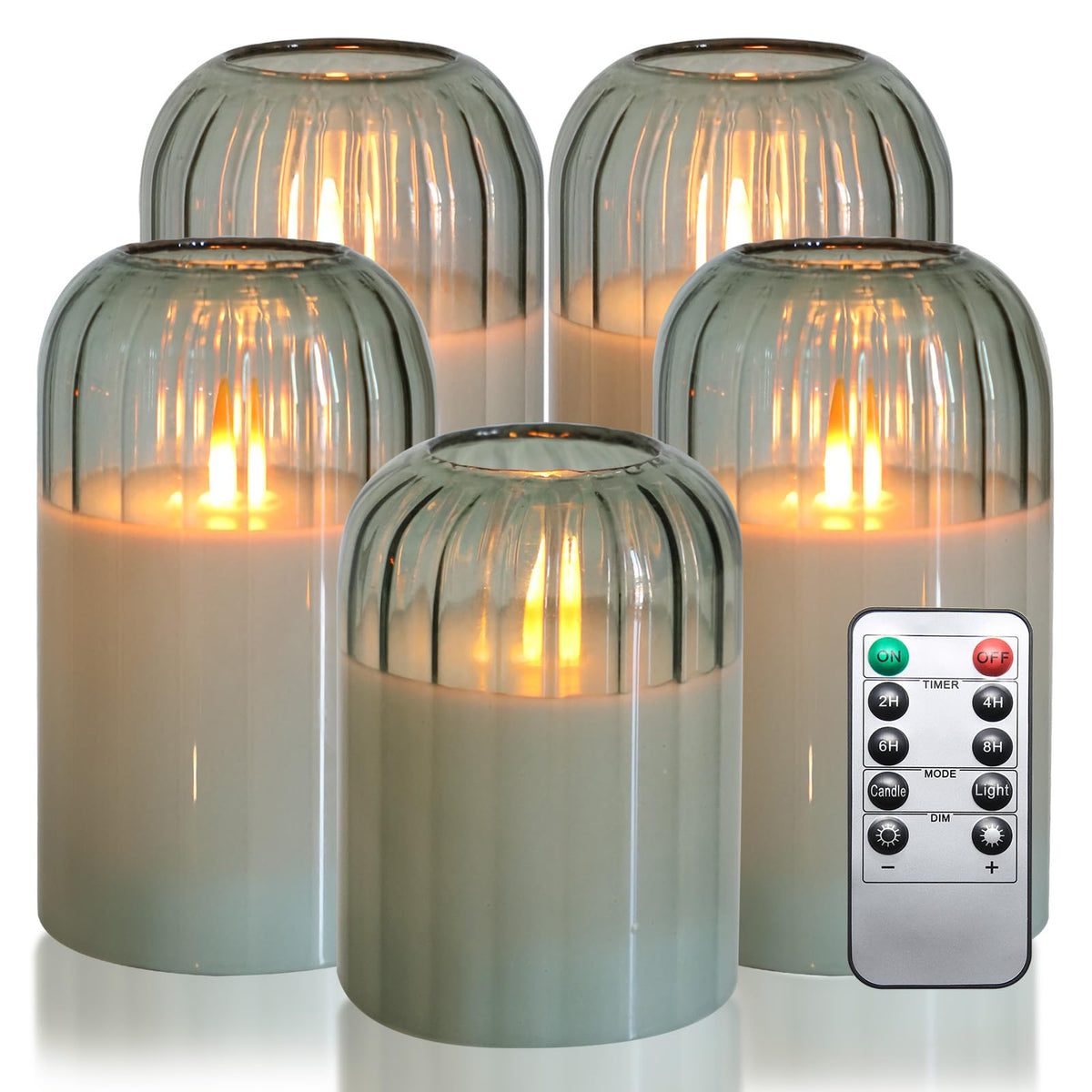 MUMCHASI green flameless candles set of five with remote on display