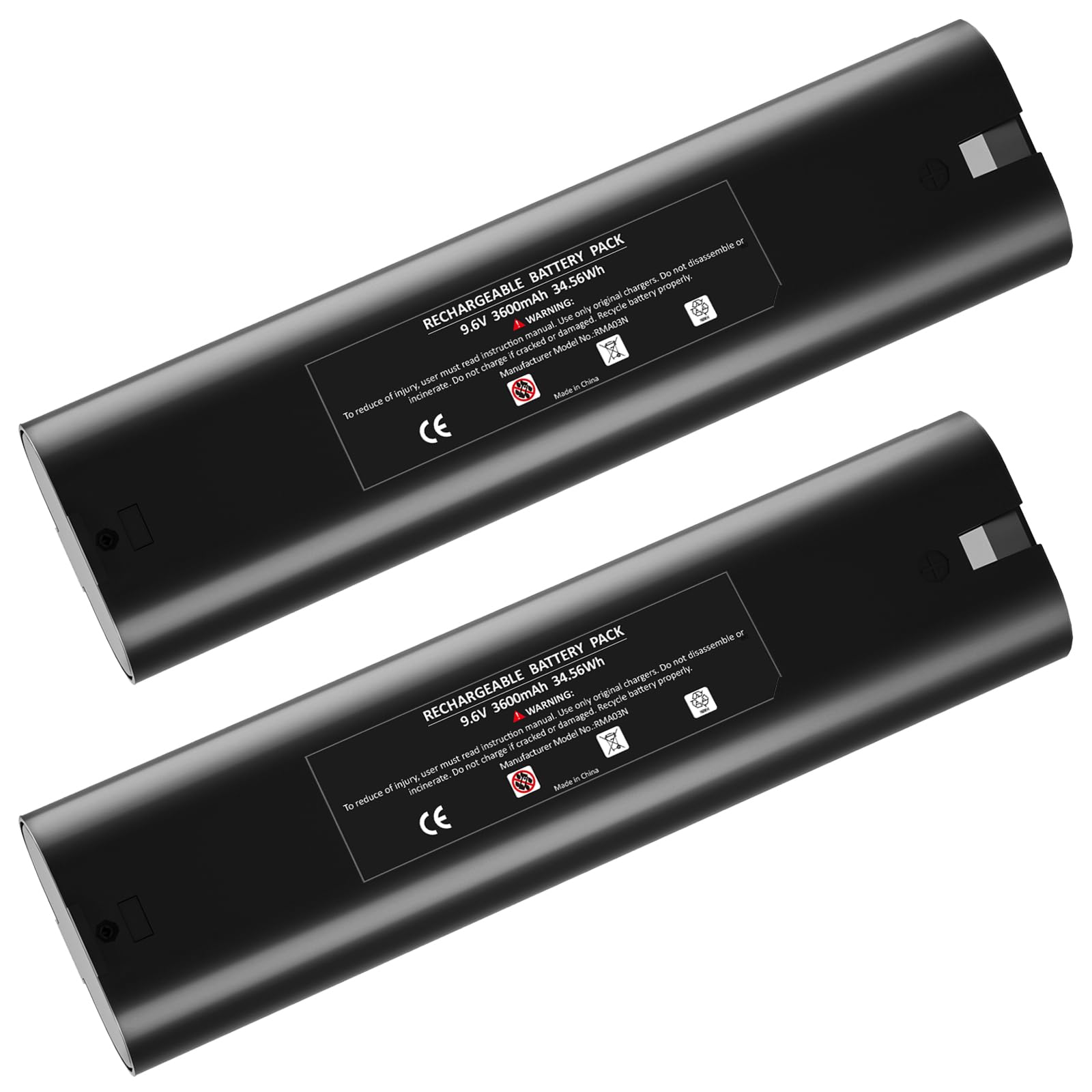 Munikind two-pack 3600mAh batteries powering Makita 9.6V tools.