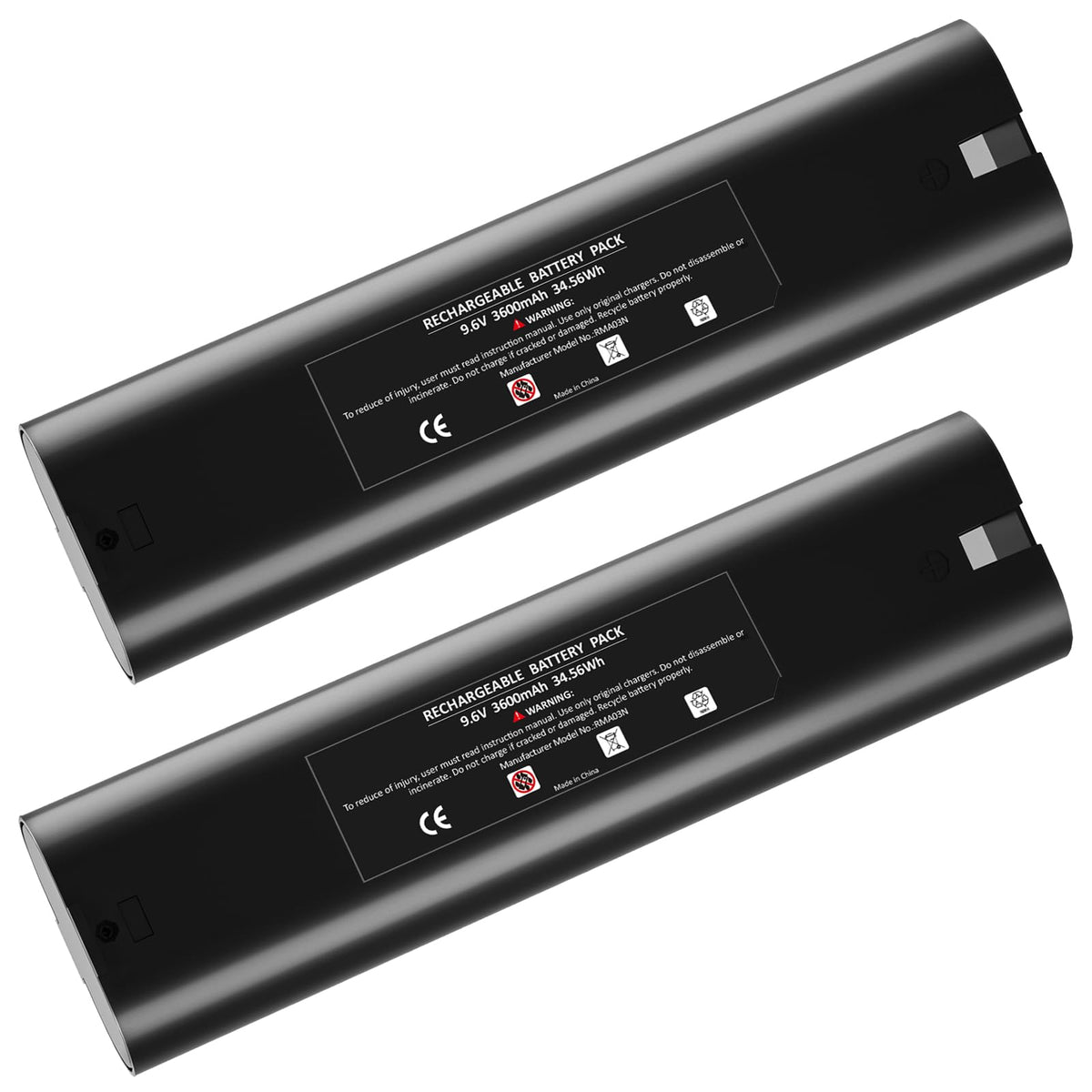 Munikind two-pack 3600mAh batteries powering Makita 9.6V tools.