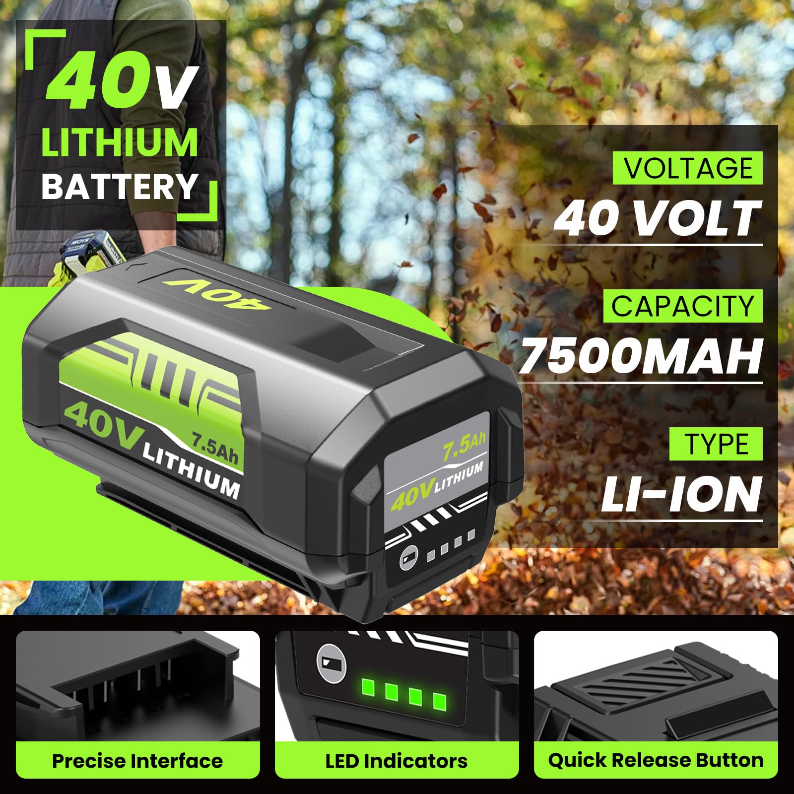 Munikind OP4026 replacement battery front view for Ryobi 40V tools