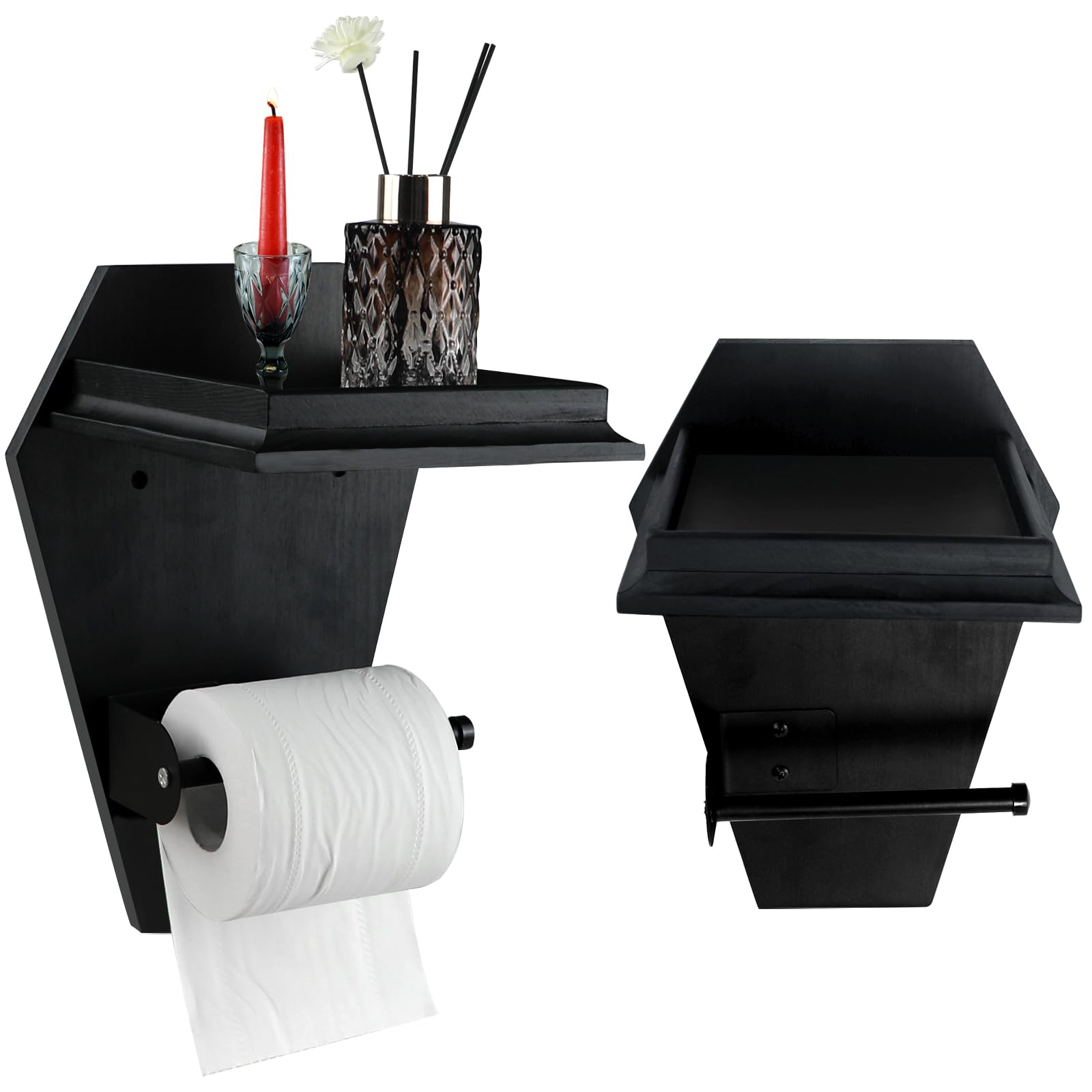 MUOUAKATE coffin toilet paper holder with shelf in black wood keeps essentials neatly within reach.