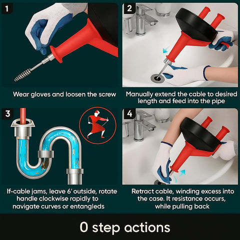 Musbus drain snake used for kitchen, bathroom, shower, and toilet.