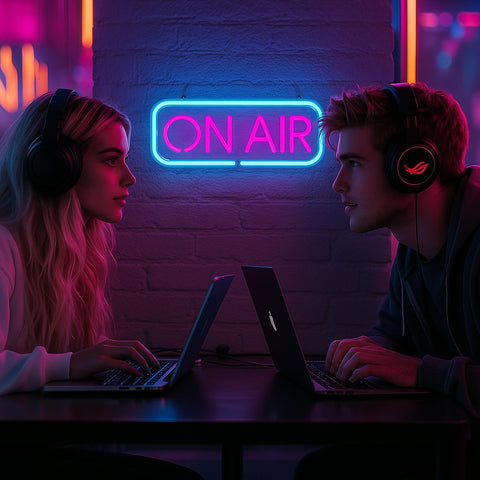 MuShang Live On Air neon sign illuminates desks with crisp red glow for clear broadcasts.