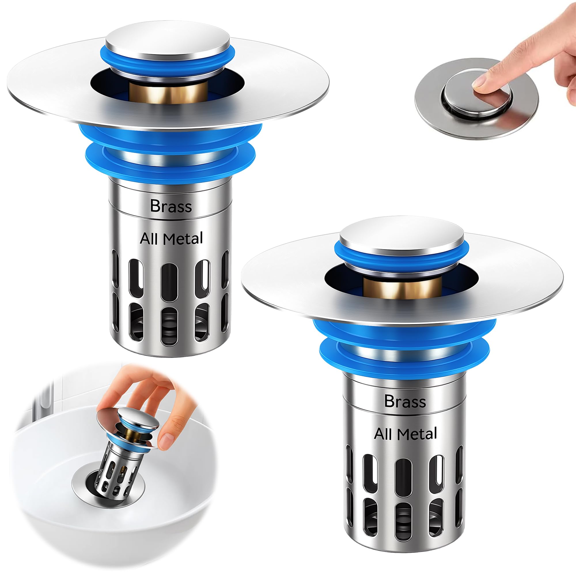 Mushu silent pop-up drain with stainless filter basket for smooth water flow.
