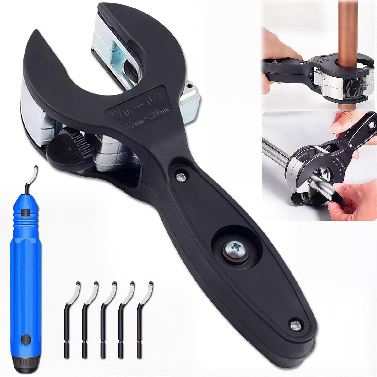 Musibo ratcheting tubing cutter 360 rotation closeup showing smooth cutting action