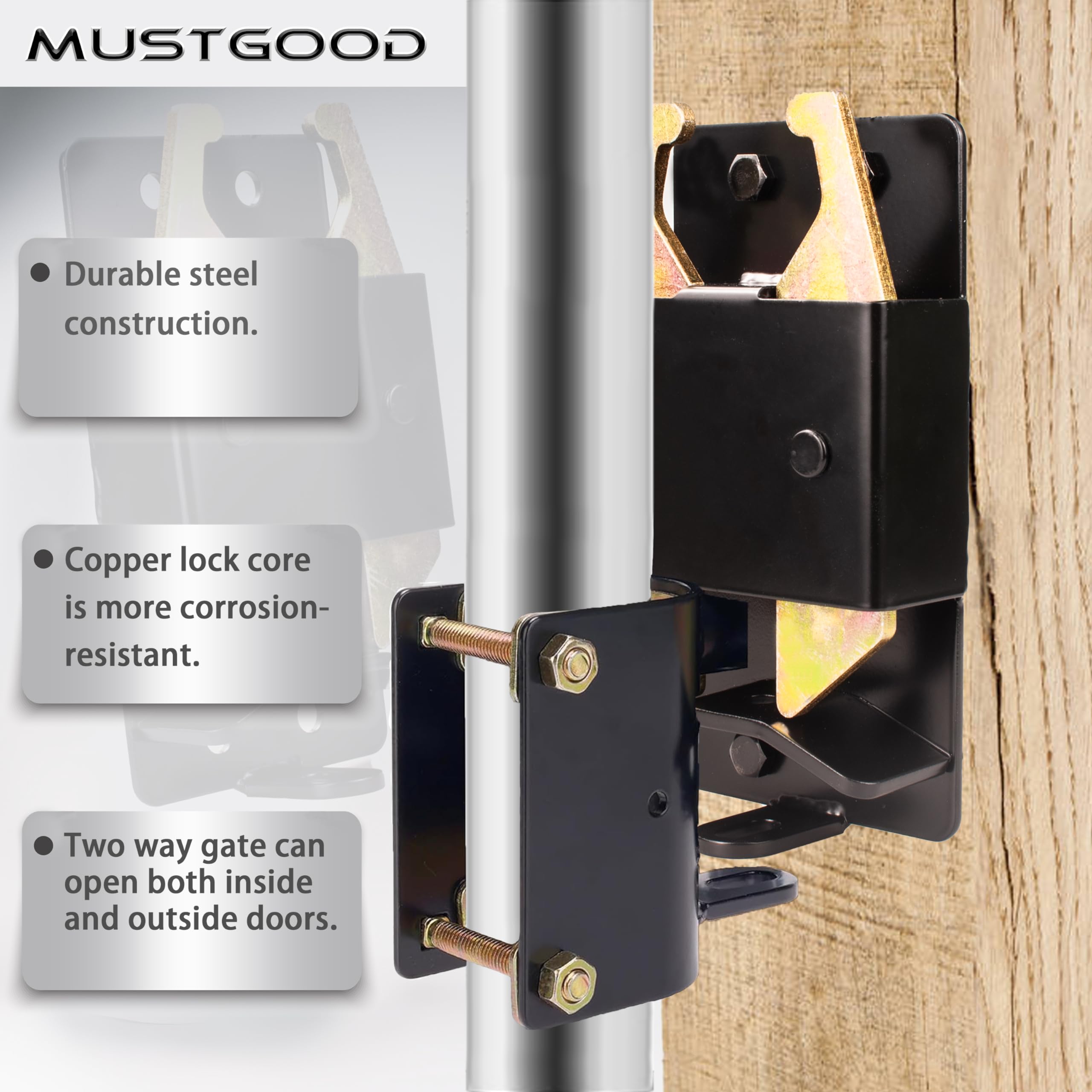 MustGood two-way gate latch enables flexible entry from either side.