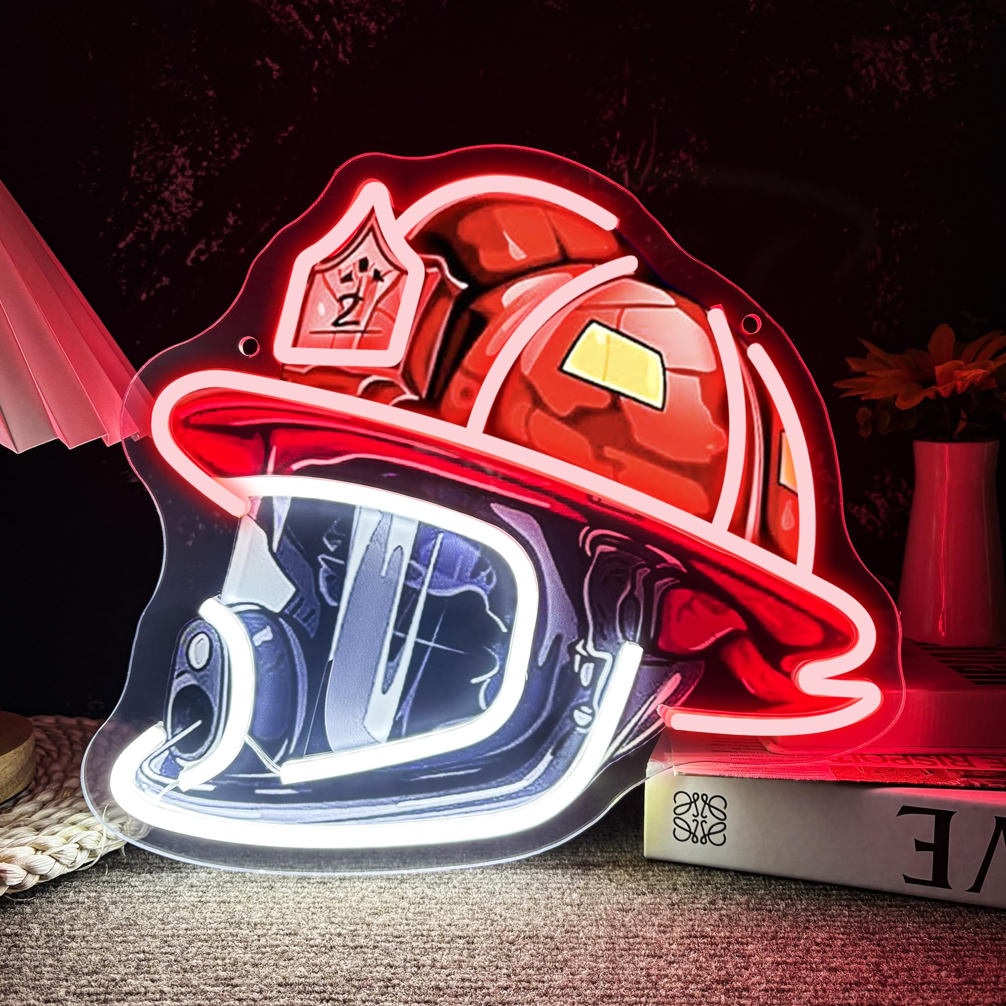 Mutank firefighting helmet neon sign in 12.9 by 11.8 inches, warm glow for wall decor.