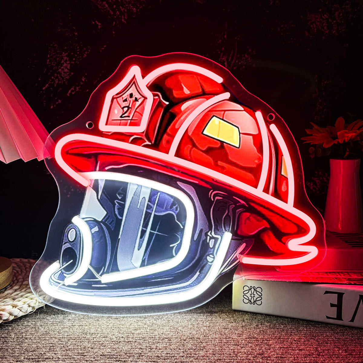 Mutank firefighting helmet neon sign in 12.9 by 11.8 inches, warm glow for wall decor.