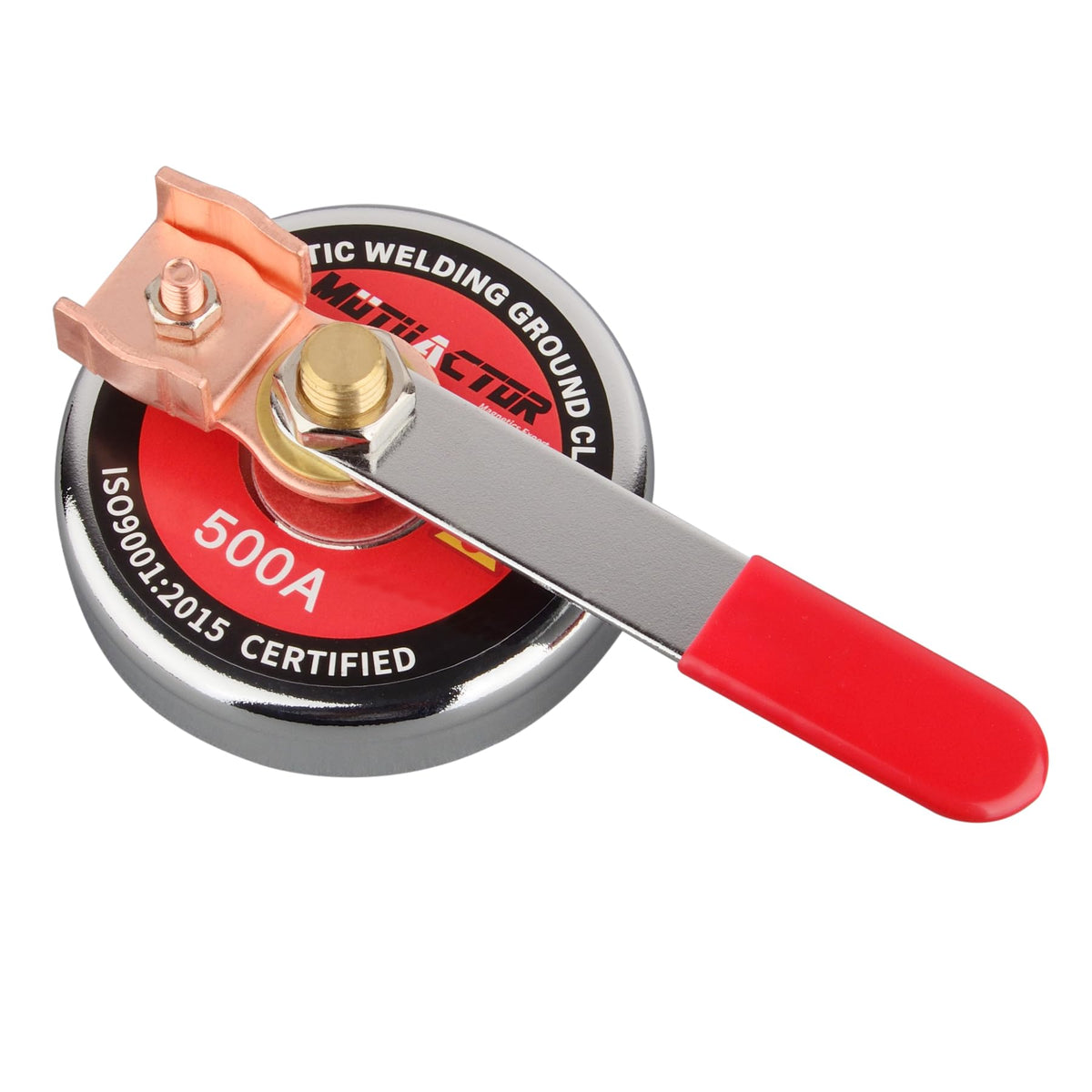 MUTUACTOR 500 AMP magnetic welding ground clamp attached to metal surface for stable grounding