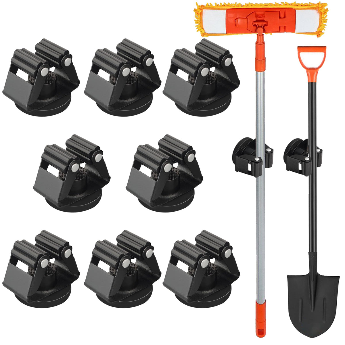 MUTUACTOR magnetic broom holders eight-pack for clutter-free garage storage