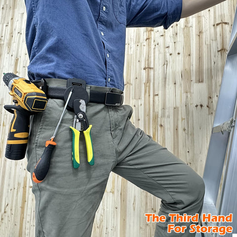 Two MUTUACTOR clips in use on a belt for quick access to tools