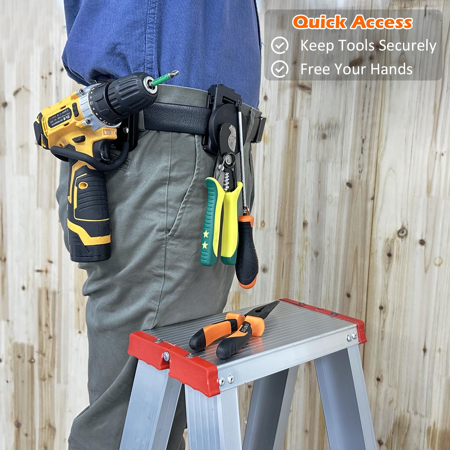 MUTUACTOR dual locking belt clip attached to a carpenter's belt
