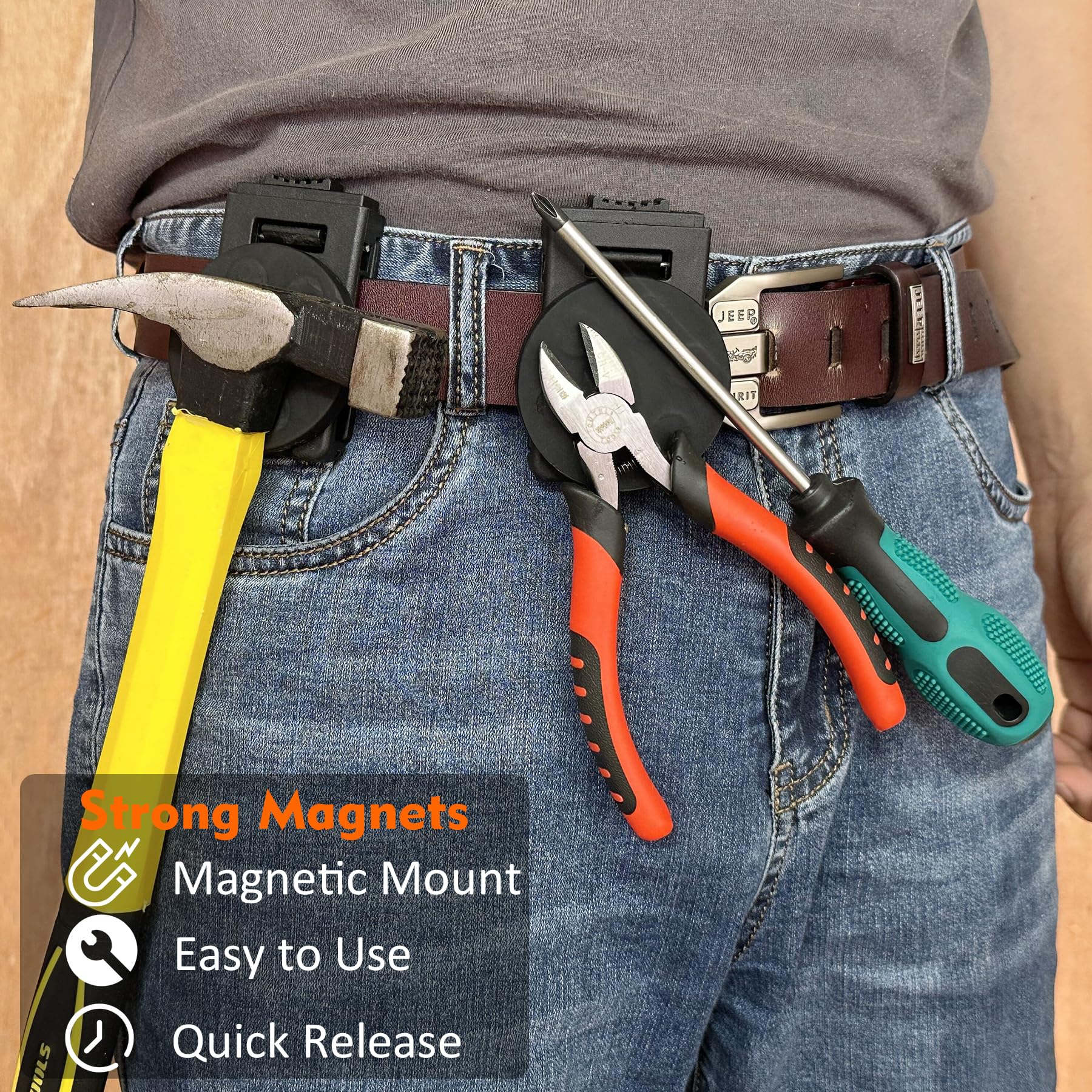 Tools secured to MUTUACTOR magnetic belt clip while moving along a job site
