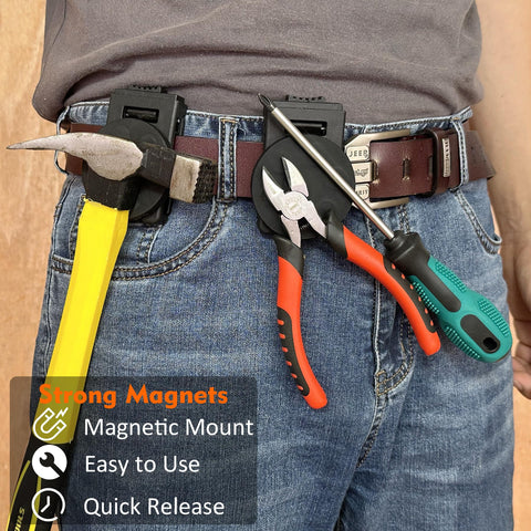 Tools secured to MUTUACTOR magnetic belt clip while moving along a job site
