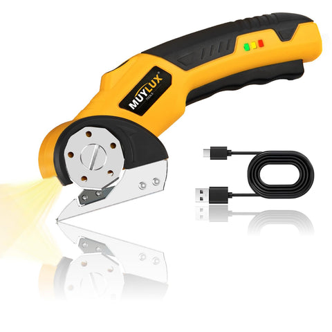 Muylux cordless electric scissors cutting cardboard efficiently with a powerful blade