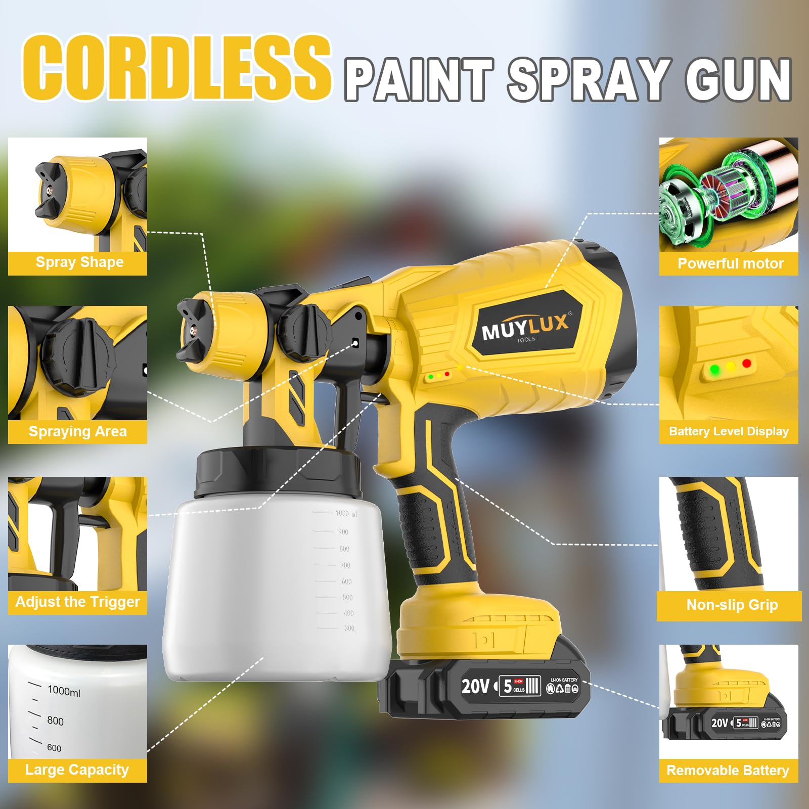 Muylux cordless sprayer with two batteries for extended painting sessions.