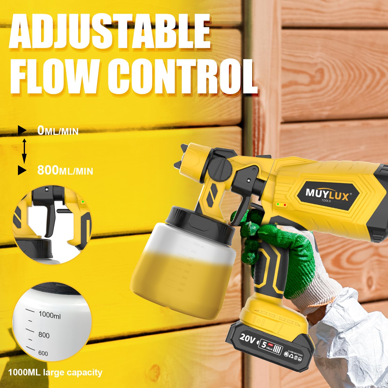 Muylux cordless spray gun includes blowing function to dust before painting.