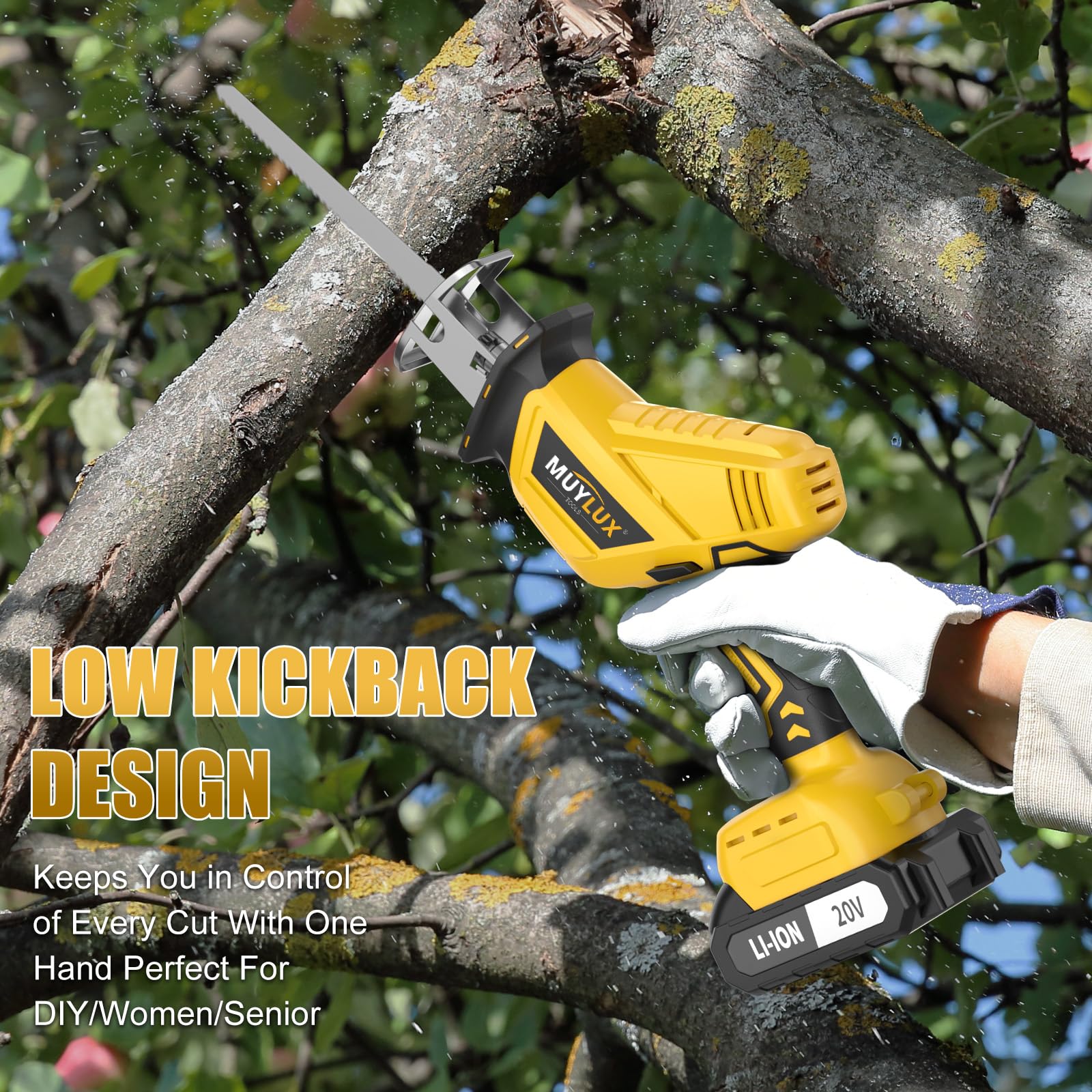 Muylux cordless reciprocating saw cutting metal with precision.