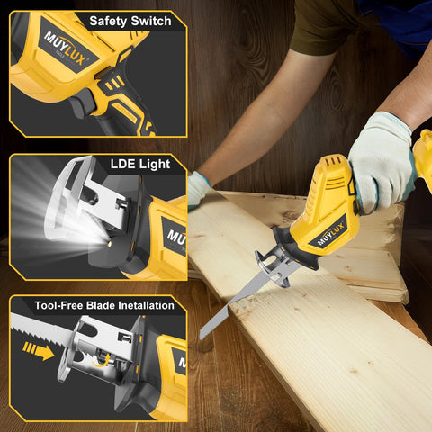 Muylux cordless reciprocating saw trimming tree branches safely.