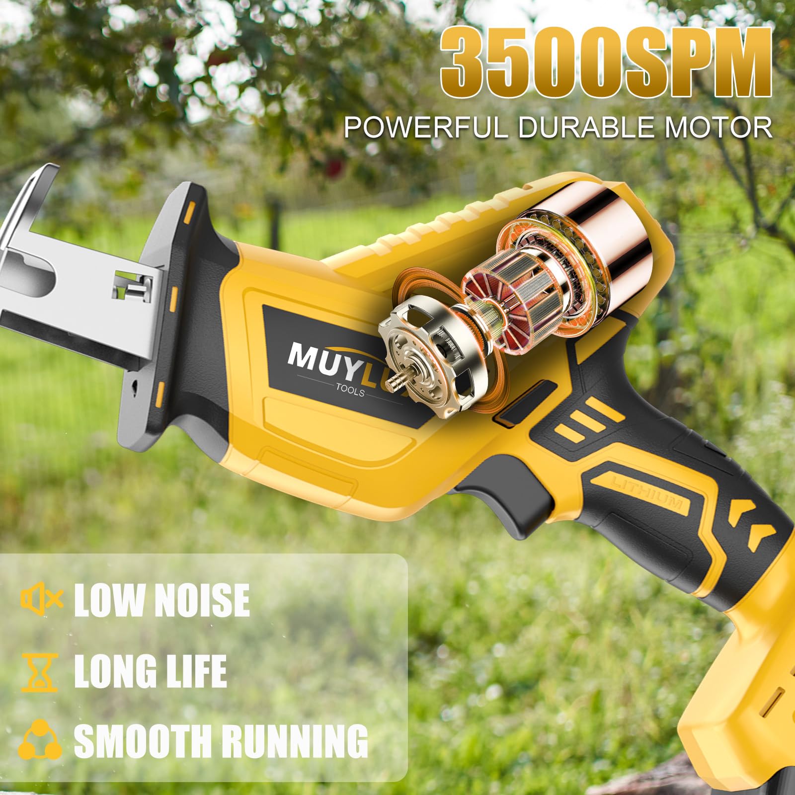 Muylux cordless reciprocating saw cutting wood for fast DIY tasks.