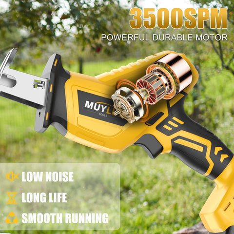 Muylux cordless reciprocating saw cutting wood for fast DIY tasks.