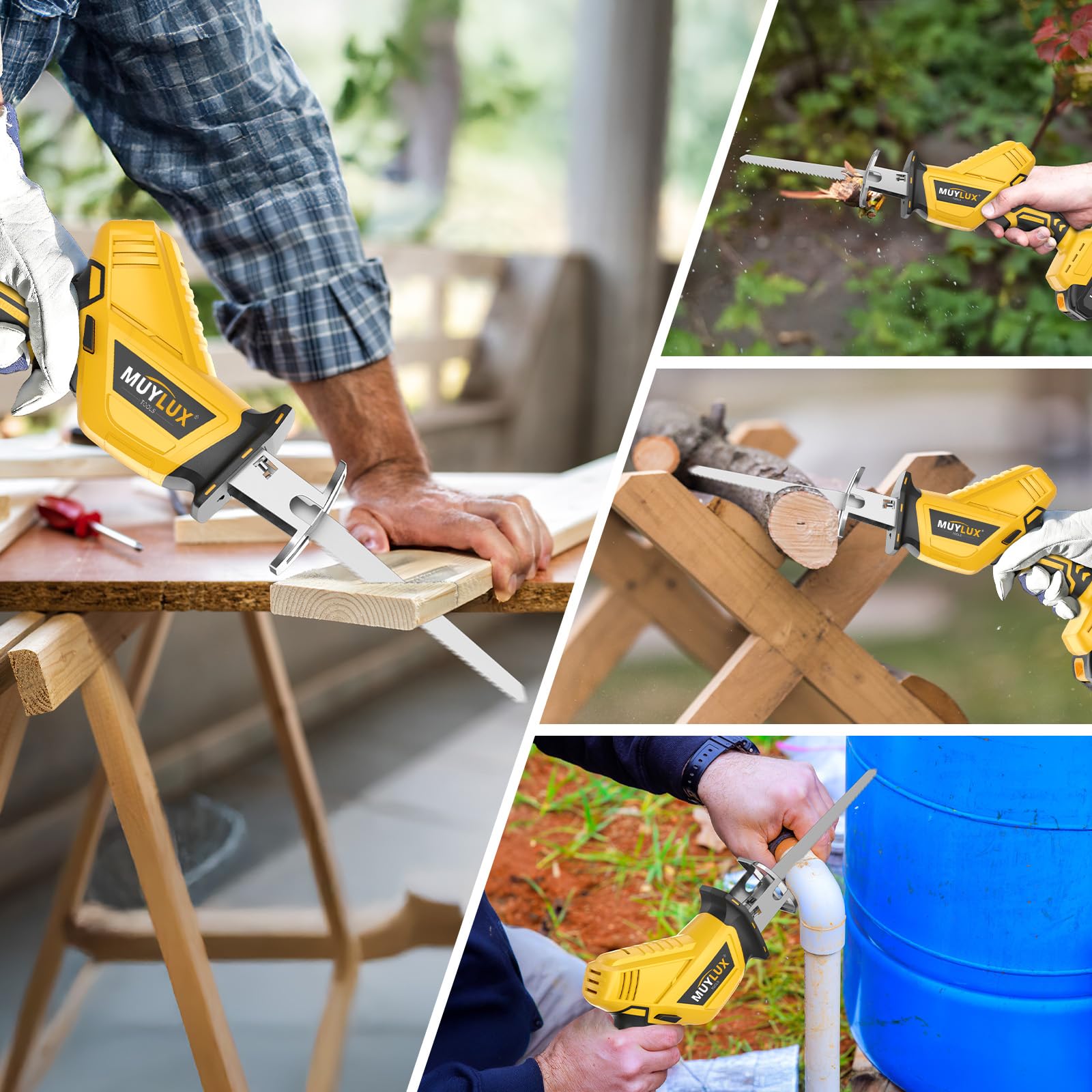 Muylux cordless reciprocating saw box contents with charger and blades.
