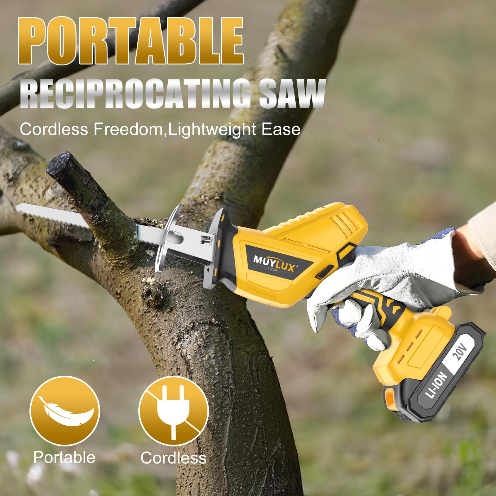 Muylux cordless reciprocating saw tool-free blade change for quick material swaps.