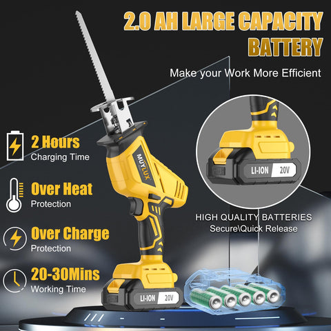 Muylux cordless reciprocating saw showing two batteries for extended use.