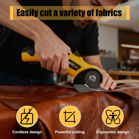 Muylux electric scissors fabric cutting detail for denim and leather