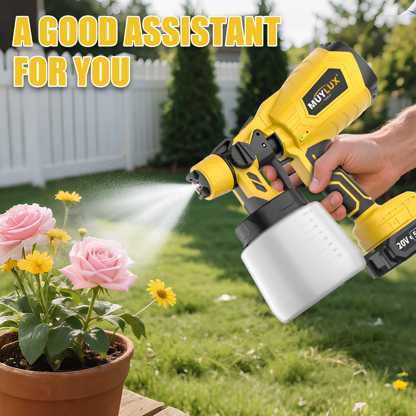 Muylux sprayer offers horizontal, vertical and circular patterns for versatility.