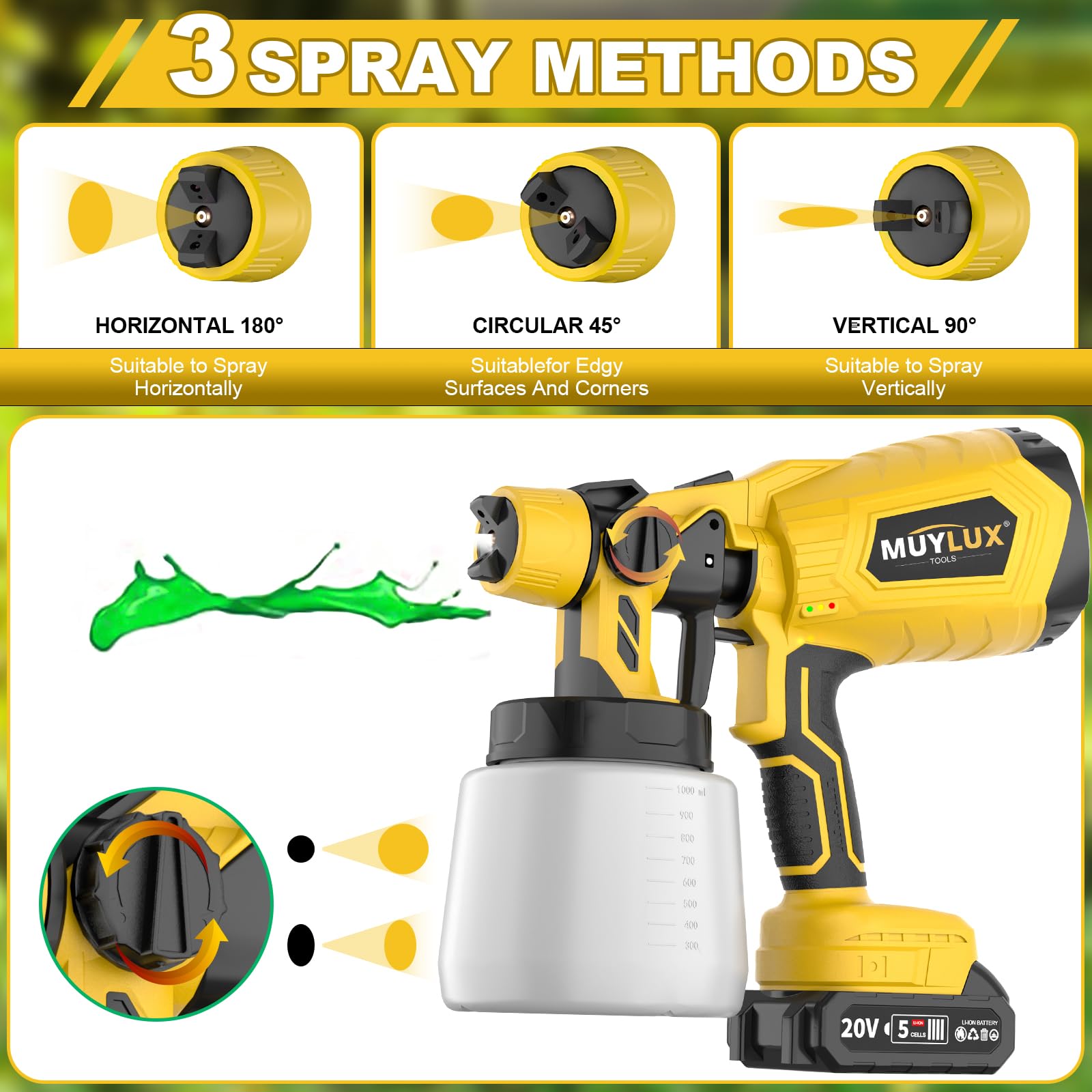 Muylux sprayer features adjustable flow for precise paint control.