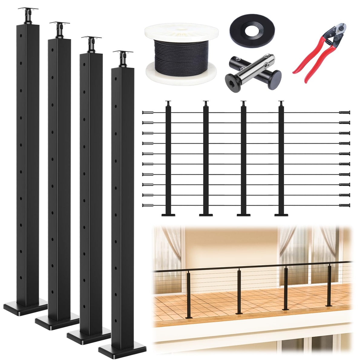 Muzata 15-20ft modular black cable railing post kit PS01 shows a modern deck setup