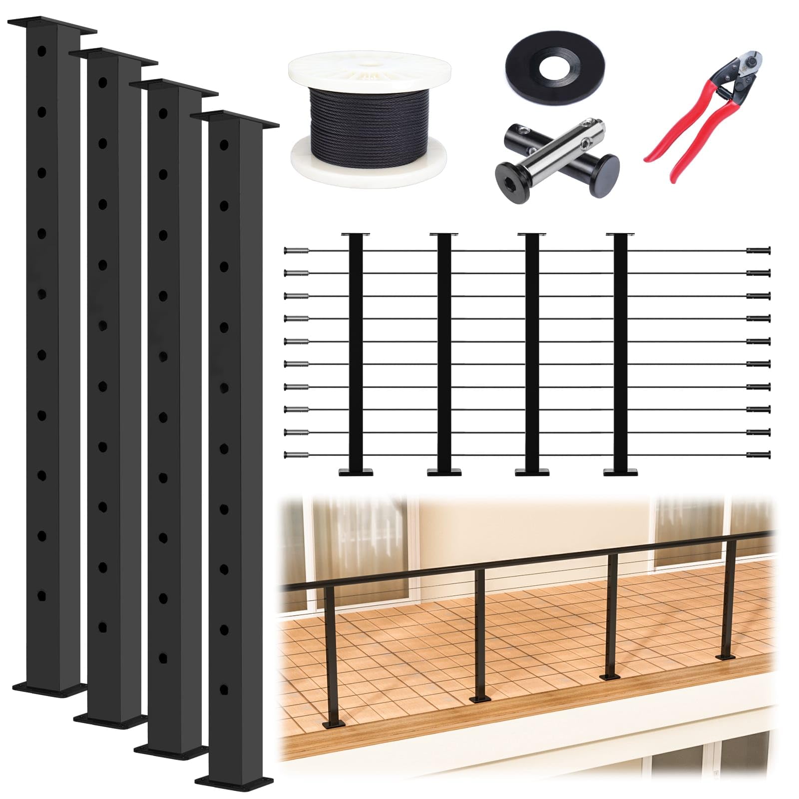 Muzata 15-20ft modular black cable railing post kit PS02 for clean, sturdy deck edges.