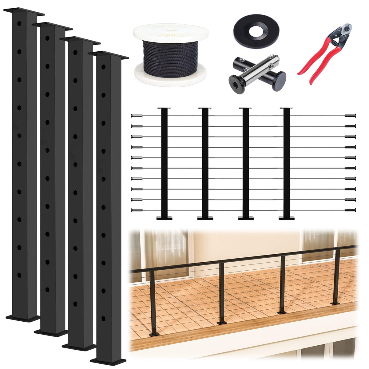 Muzata 15-20ft modular black cable railing post kit PS02 for clean, sturdy deck edges.
