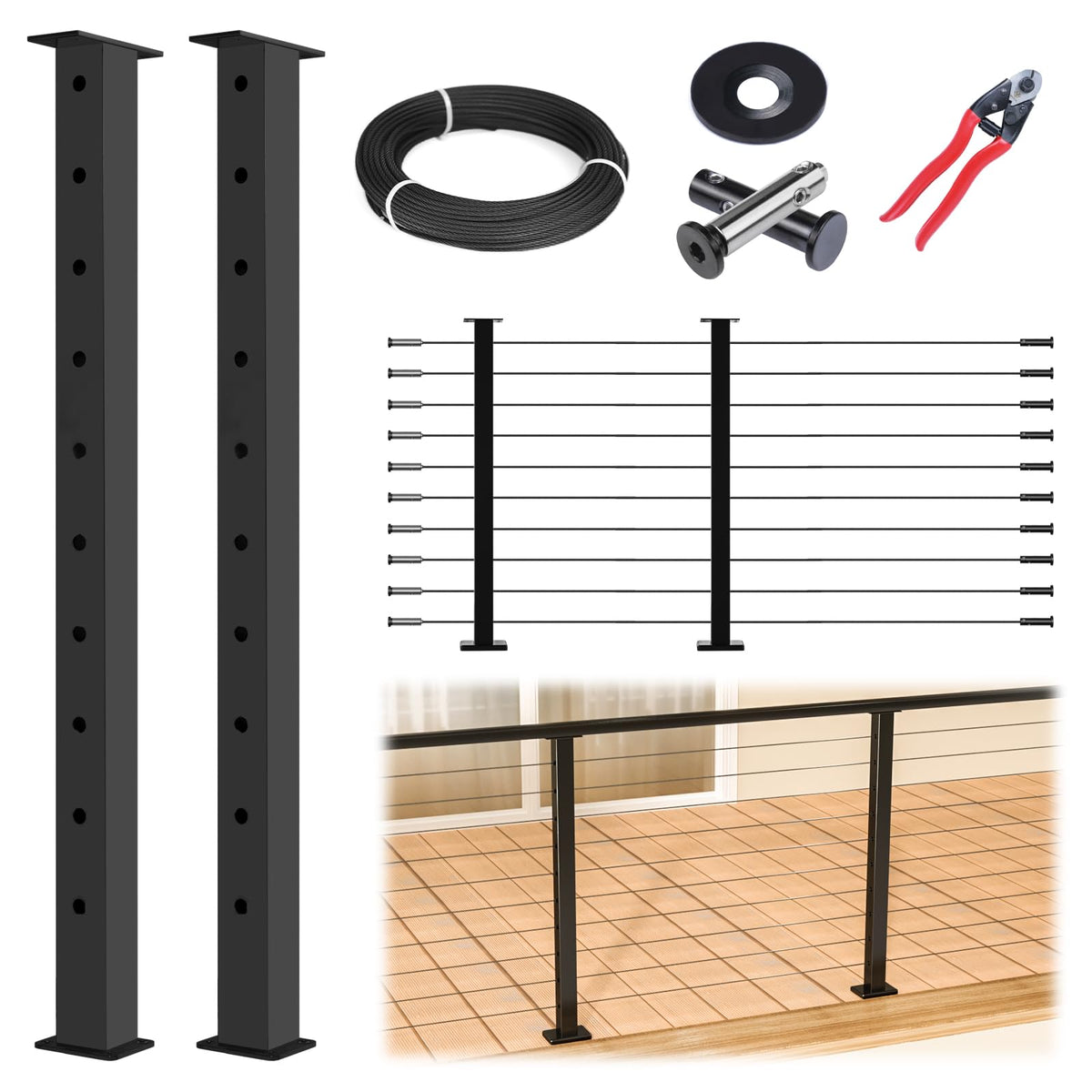 Muzata 5-10ft modular black cable railing post PS02 for versatile deck layouts.