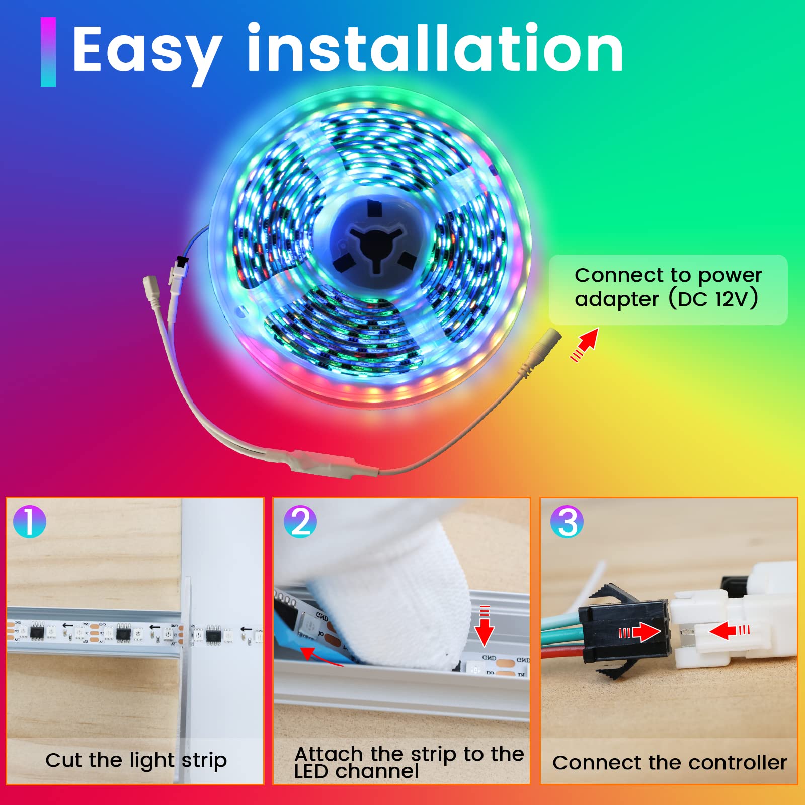 Bedroom ambient color lighting with Muzata RGB strip for relaxing mood.