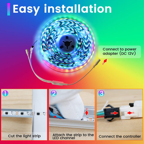 Bedroom ambient color lighting with Muzata RGB strip for relaxing mood.