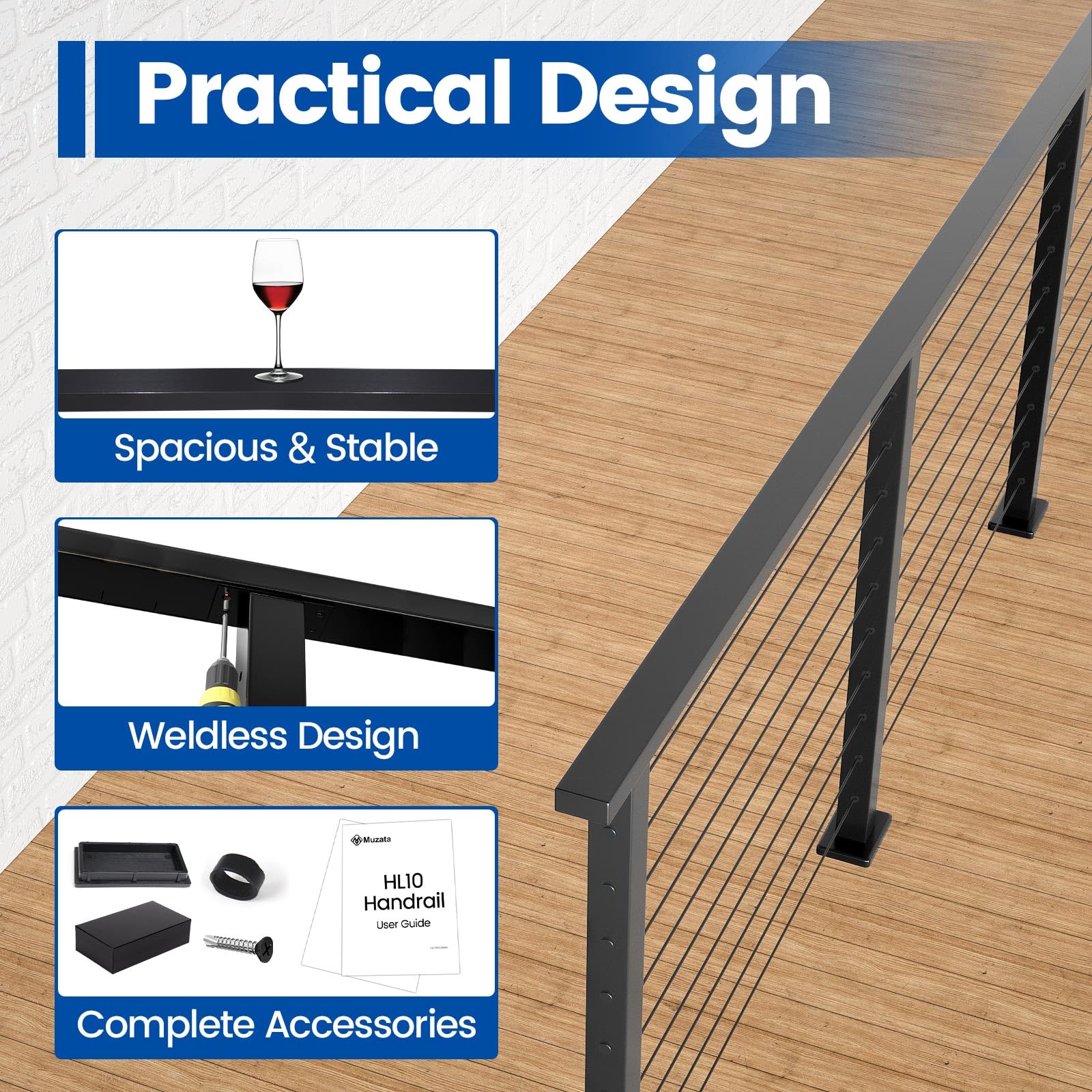 Muzata black HL10 aluminum handrail closeup highlighting durable finish