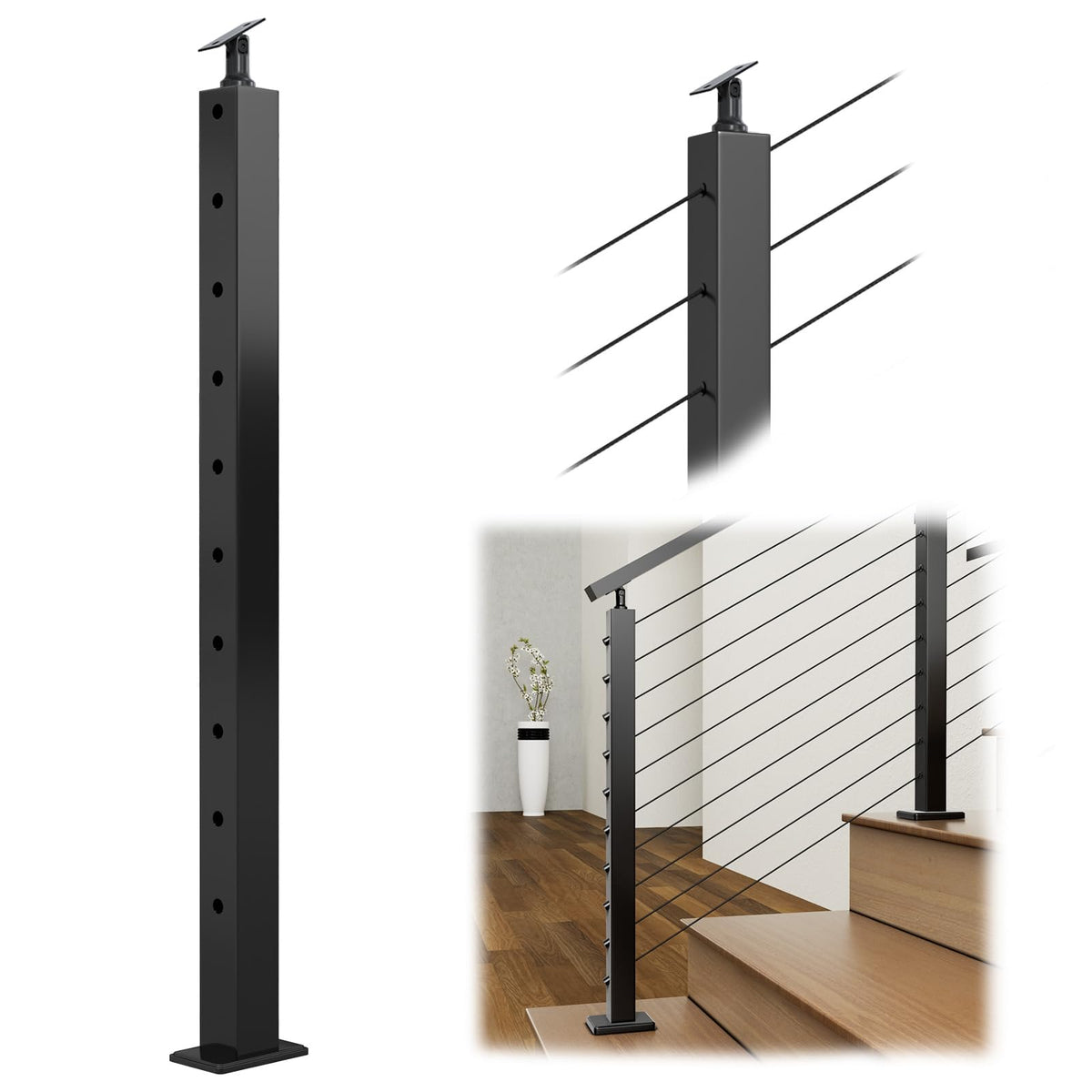 Muzata black stair post PS01 BA4S with angle holes for precise stair railing alignment