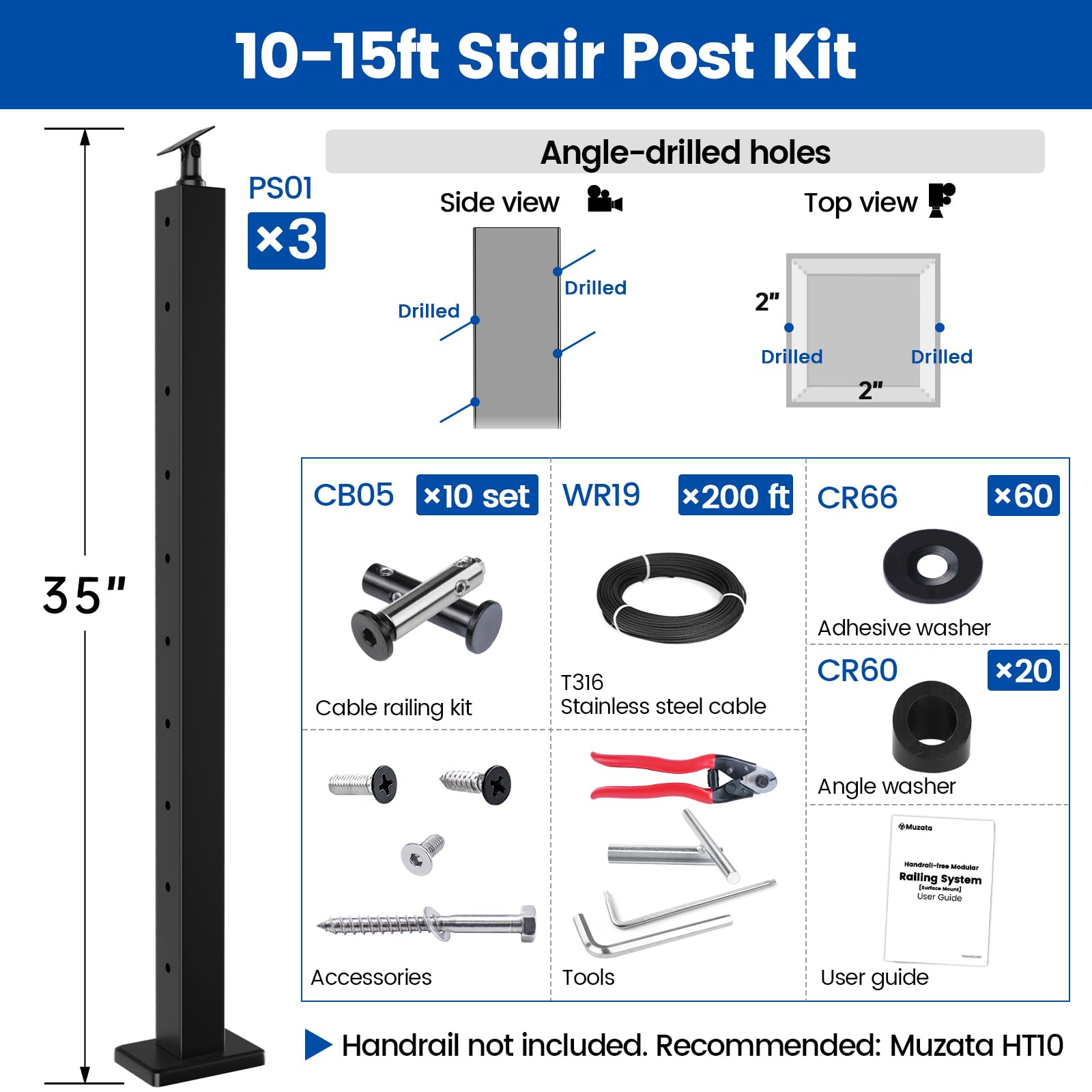 Muzata CB05 swageless kit highlights invisible cable tensioning for clean railing lines.