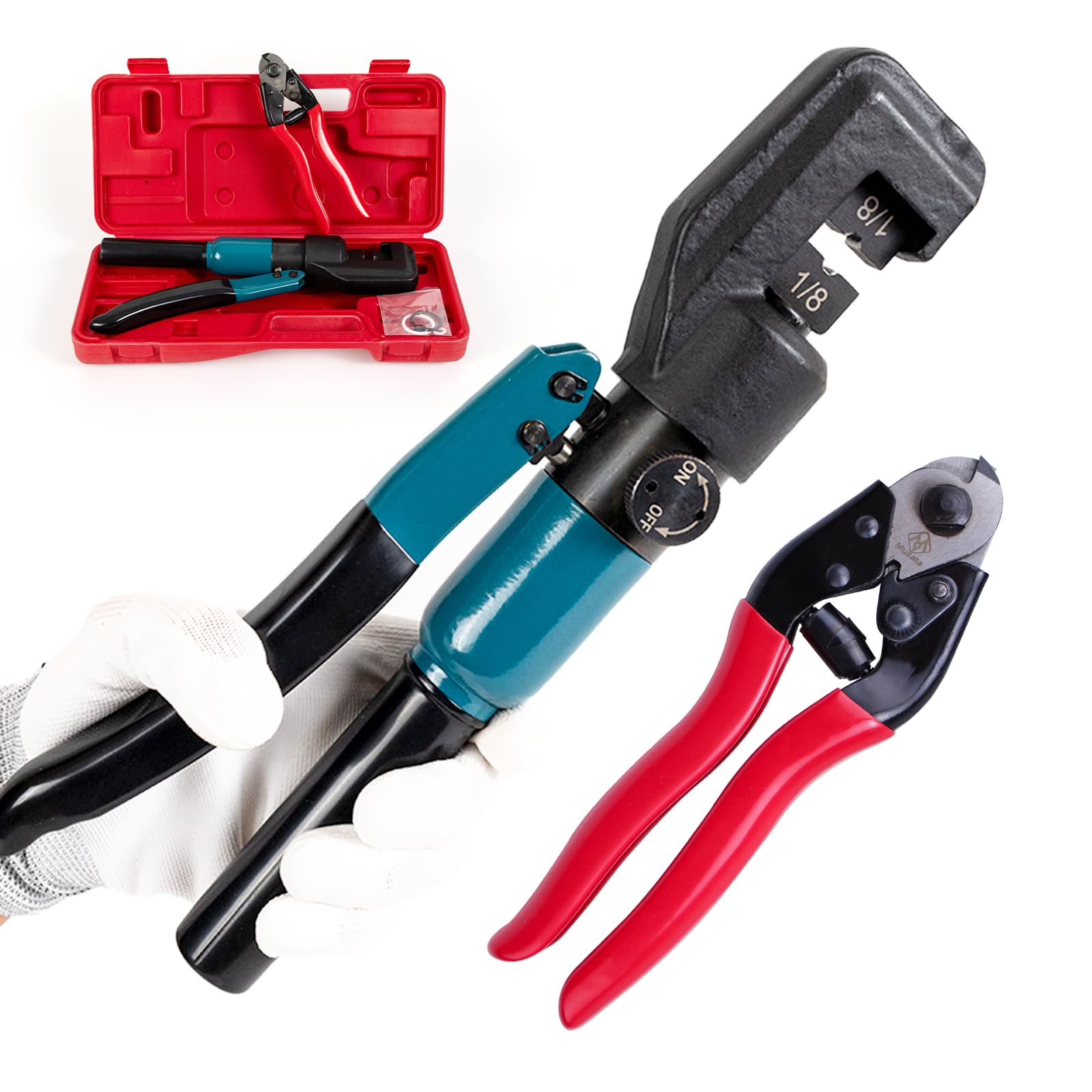 Muzata hydraulic crimping tool close-up showing sturdy construction for durable cable railings