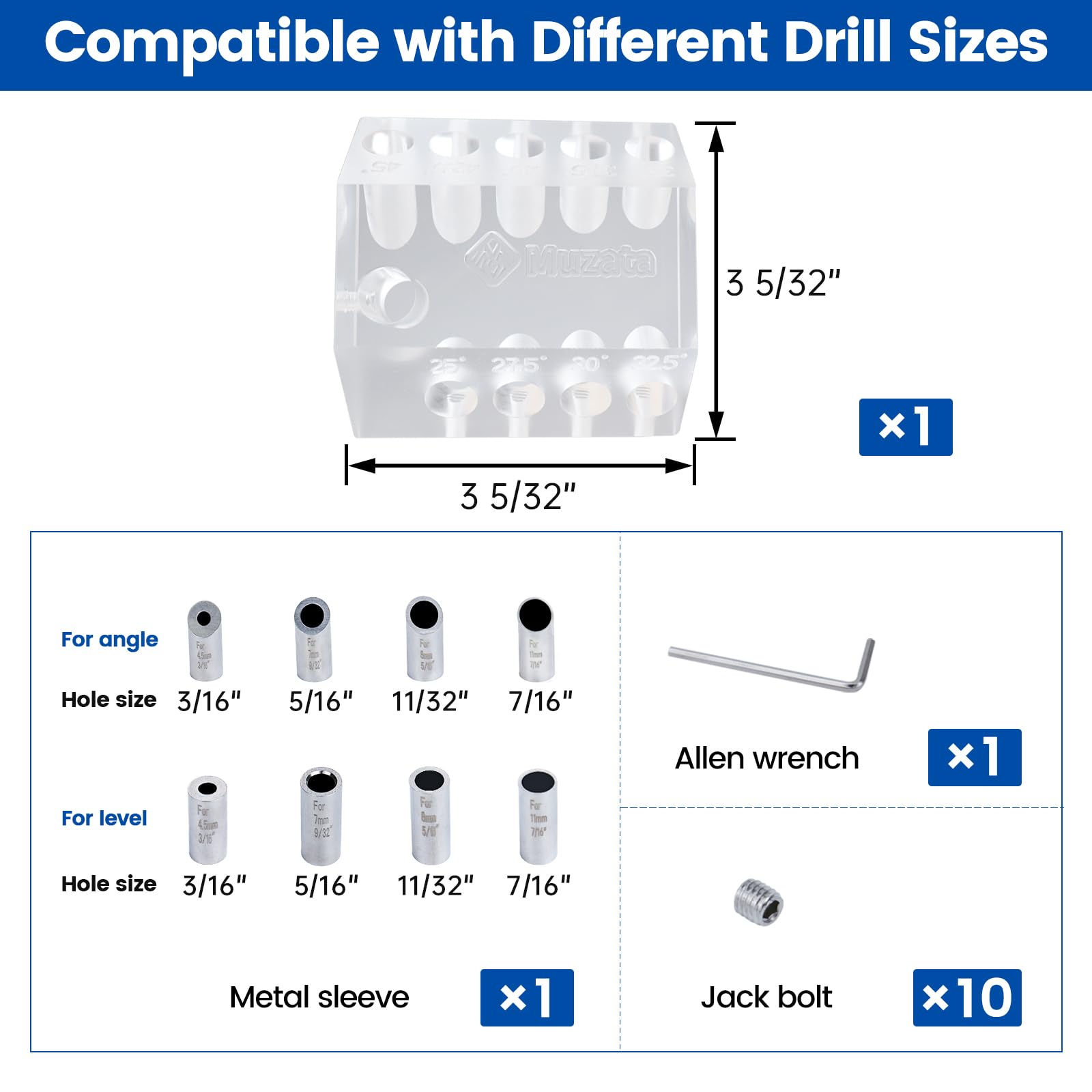 Muzata drill guide jig with transparent acrylic body for visibility