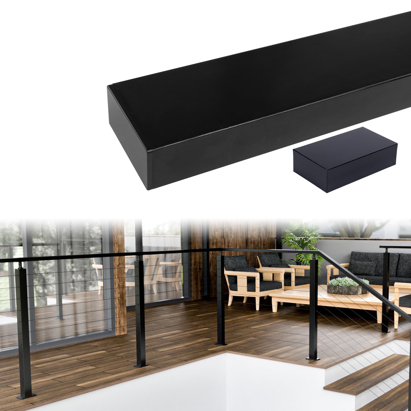 Muzata HL10 aluminum flat handrail top view in black for outdoor decks