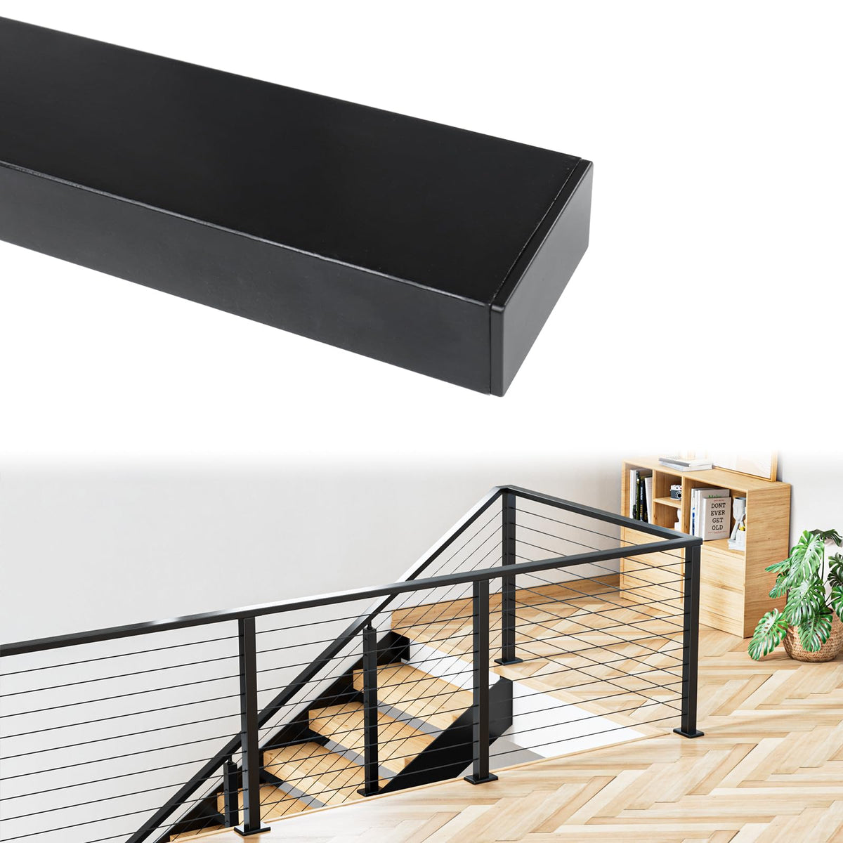 Muzata HT10 black handrail top view for decks and stairs.