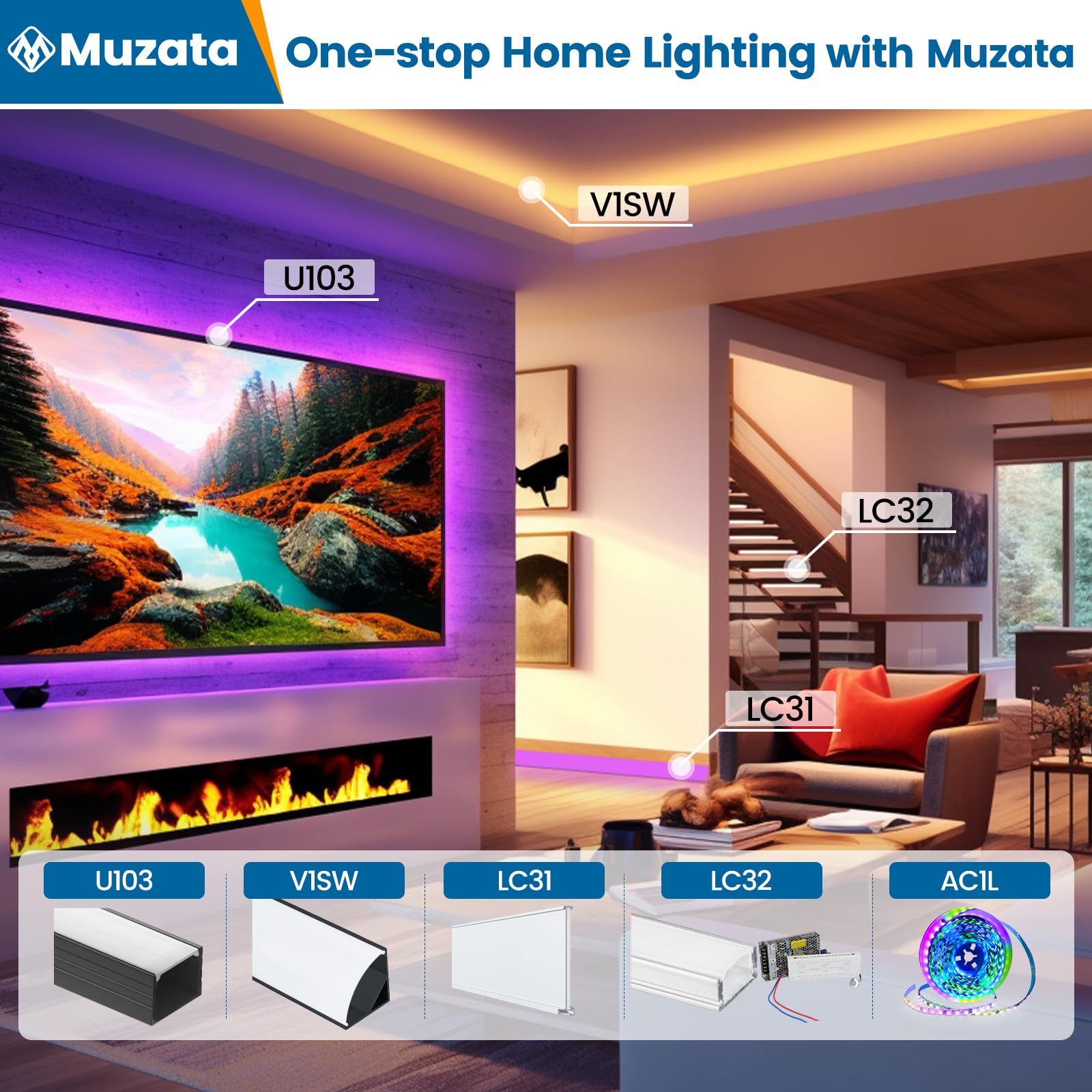 Neon-like mood lighting effect from Muzata RGB strip for decorative glow.