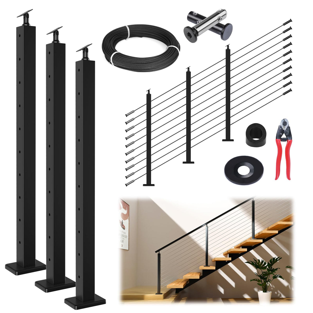 Muzata PS01 post-assembly shows sturdy 36-inch railing post for safe stair installation.
