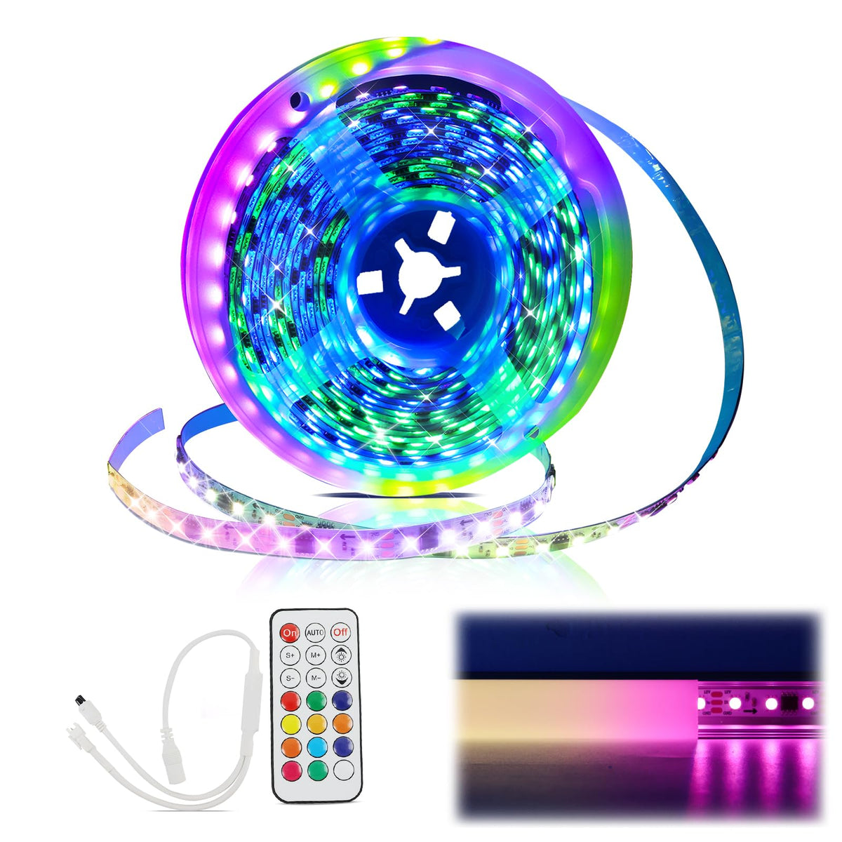 Muzata RGB LED strip spotlessly mounts on walls for even, vibrant color.