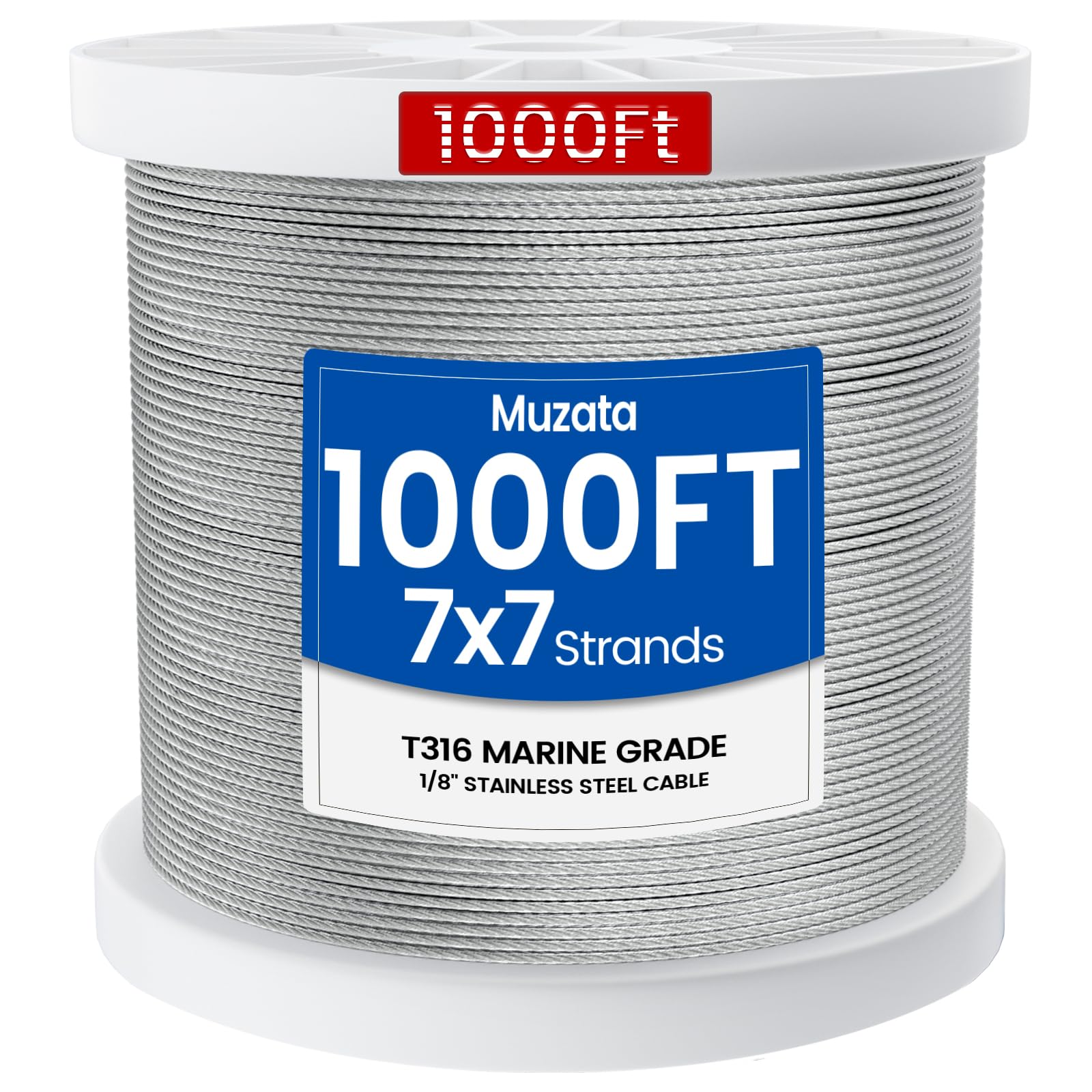 Muzata WR02 wire rope coil showing 1000 ft length for durable railing projects.