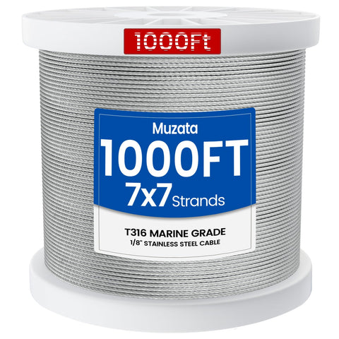 Muzata WR02 wire rope coil showing 1000 ft length for durable railing projects.