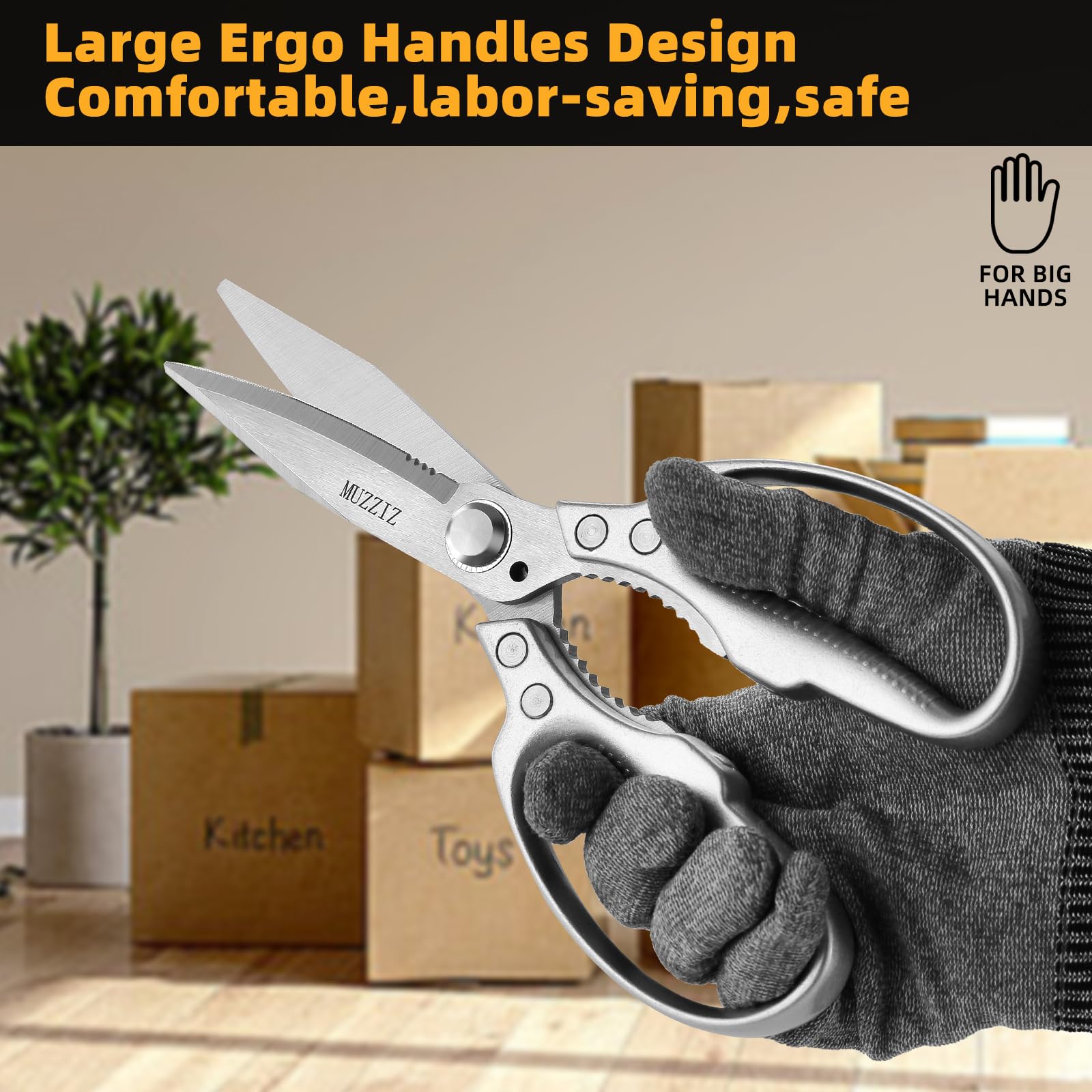 Muzziz Heavy Duty Scissors serrated blade enhances grip for tough materials.